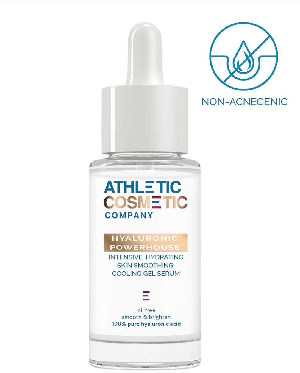 ATHLETIC COSMETIC COMPANY. HYALURONIC POWERHOUSE. INTENSIVE HYDRATING SKIN SMOOTHING COOLING GEL SERUM. Oil free, smooth & brighten, 100% Pure Hyaluronic Acid. NON_ACNEGENIC